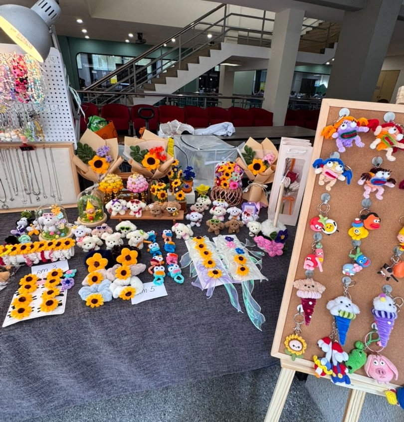 Hyokai studio shelf with crafts in progress