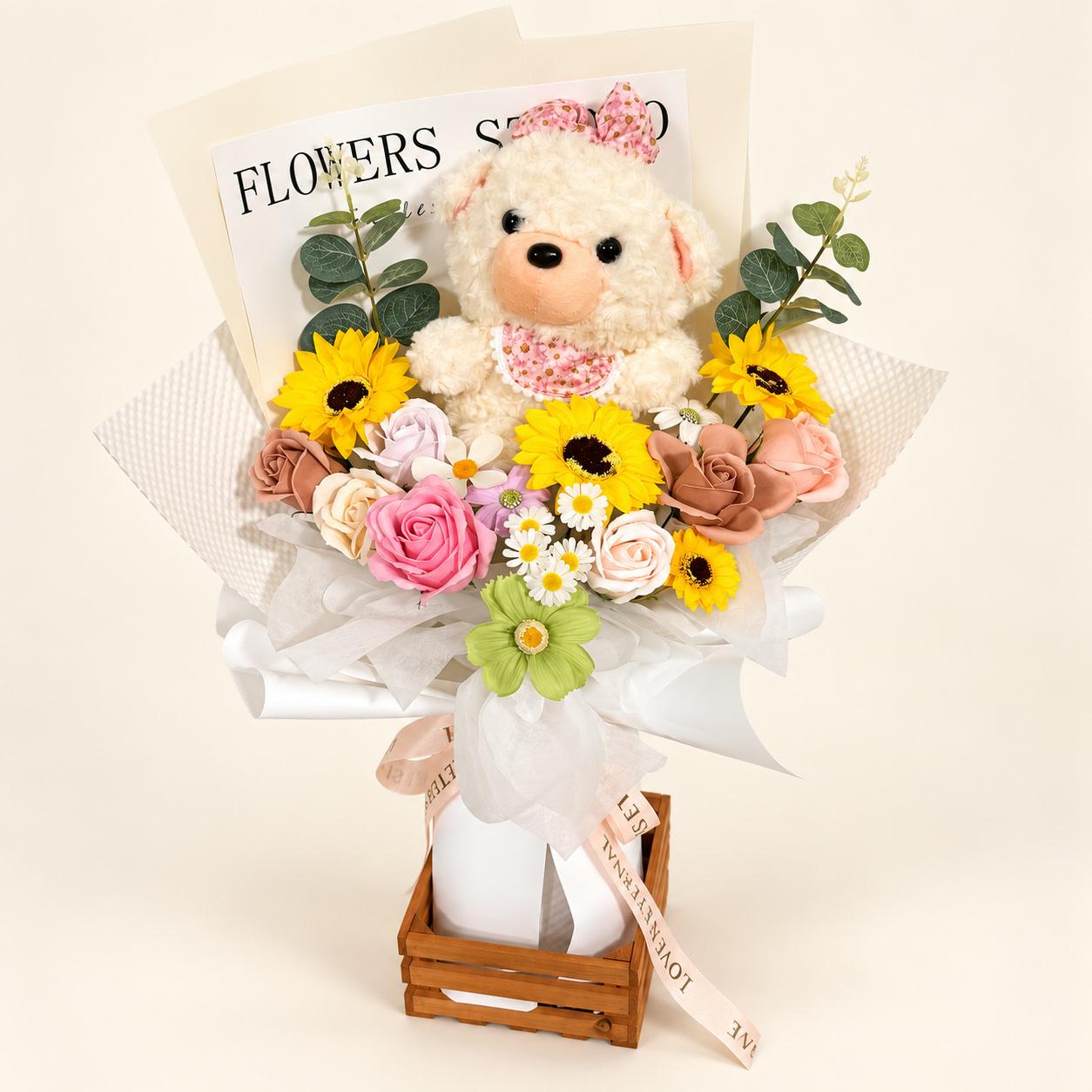 Cream Teddy Pink Sunflower Bouquet