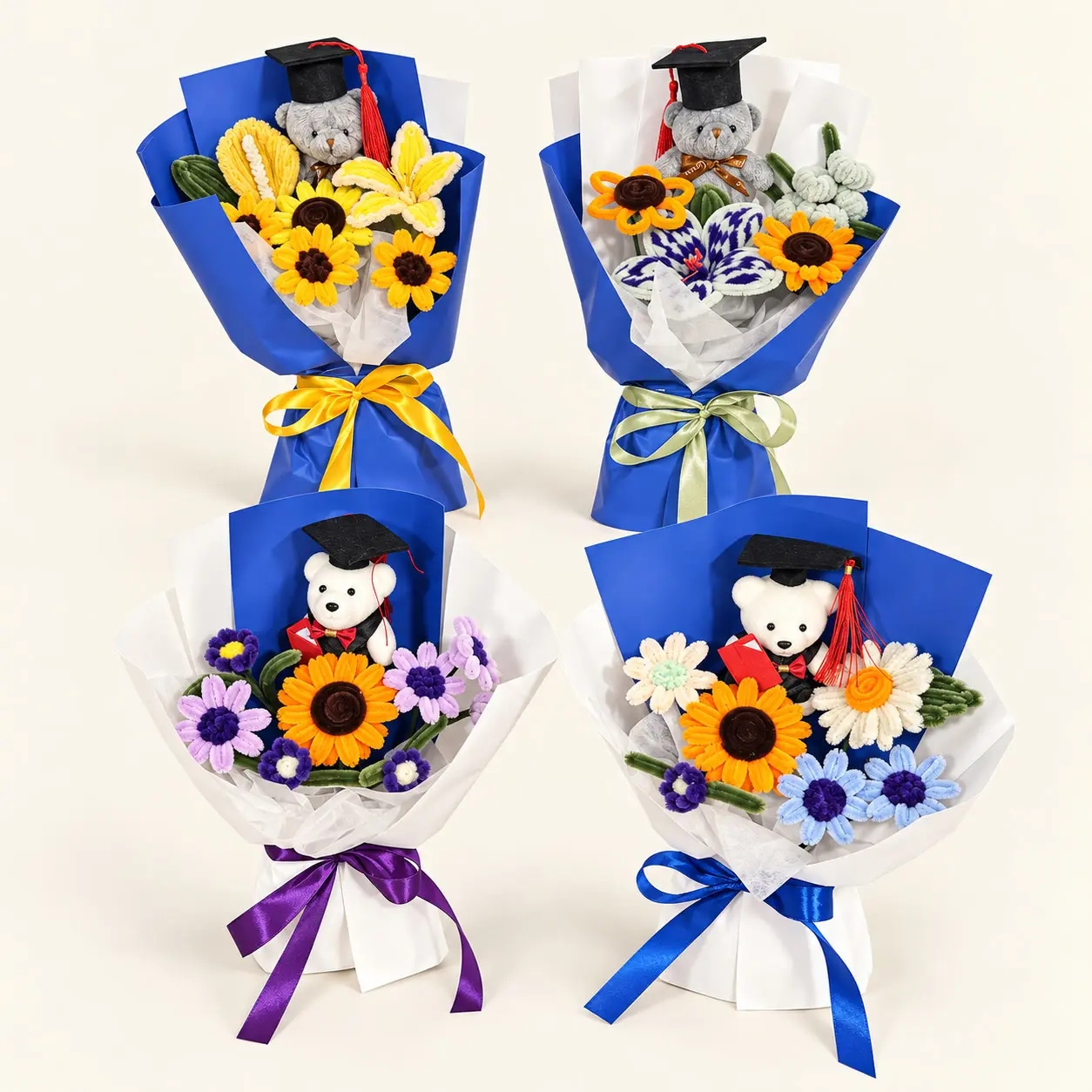 Blue Mixed Flower Graduation Bear Bouquet Collection