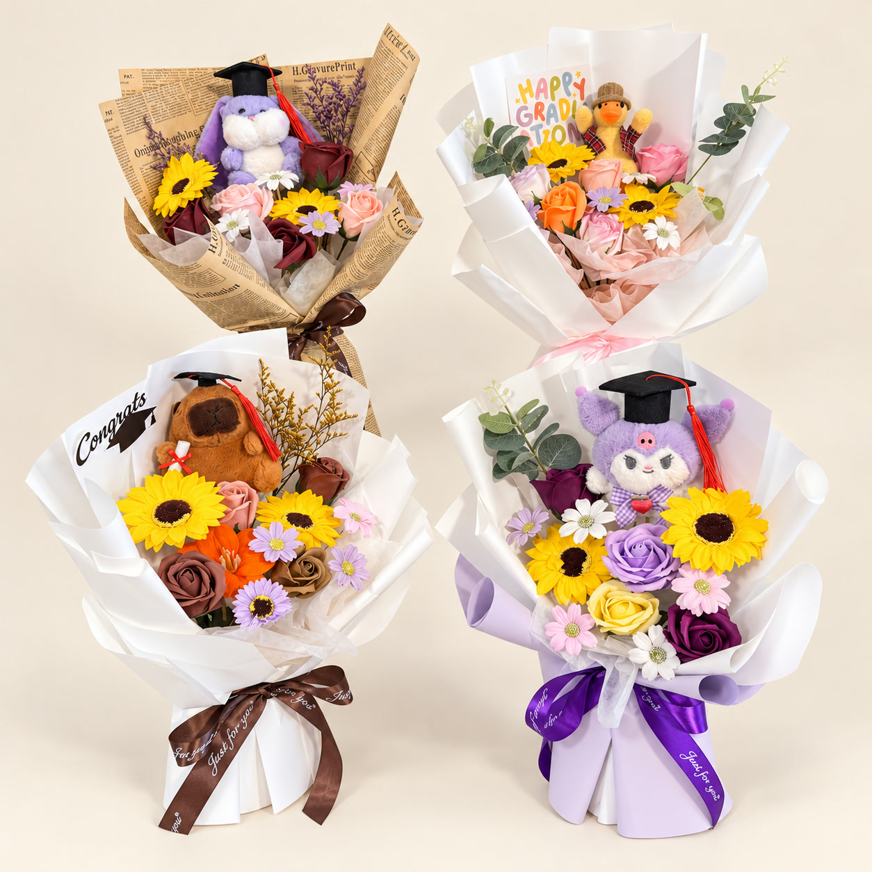 Bunny Duck Capybara Jester Graduation Bouquet Collection
