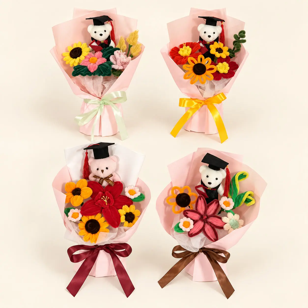 Pink Mixed Flower Graduation Bear Bouquet Collection