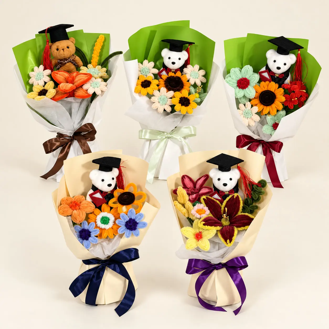 Green and Cream Mixed Graduation Bear Bouquet Collection