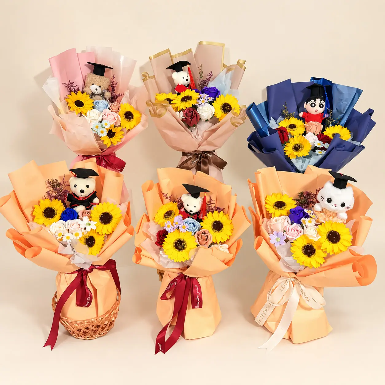 Six Peach Character Graduation Bouquet Collection