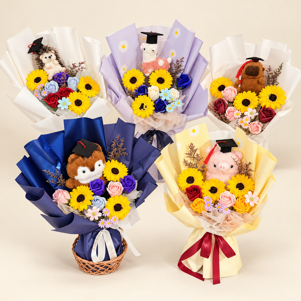 Five Pastel Character Graduation Bouquet Collection