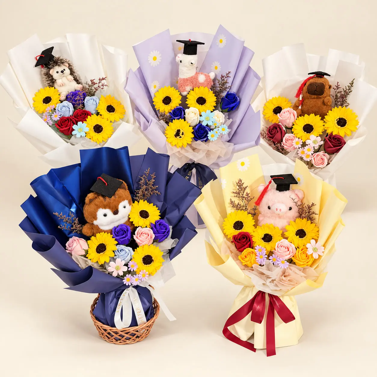 Five Pastel Character Graduation Bouquet Collection