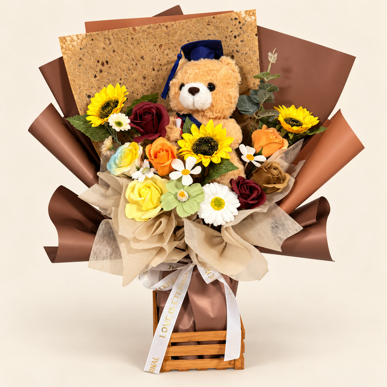 Brown Teddy Burgundy Graduation Bouquet