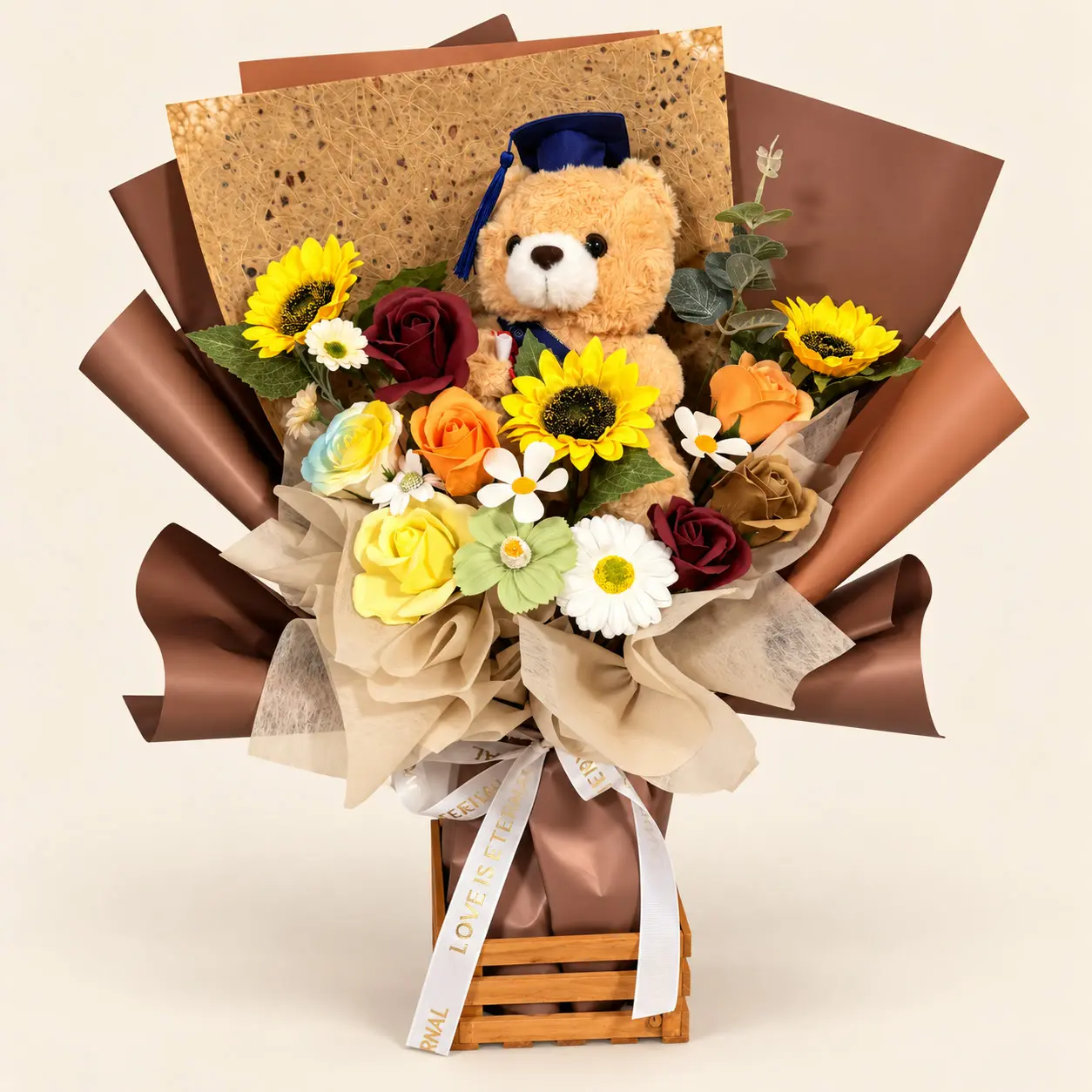 Brown Teddy Burgundy Graduation Bouquet