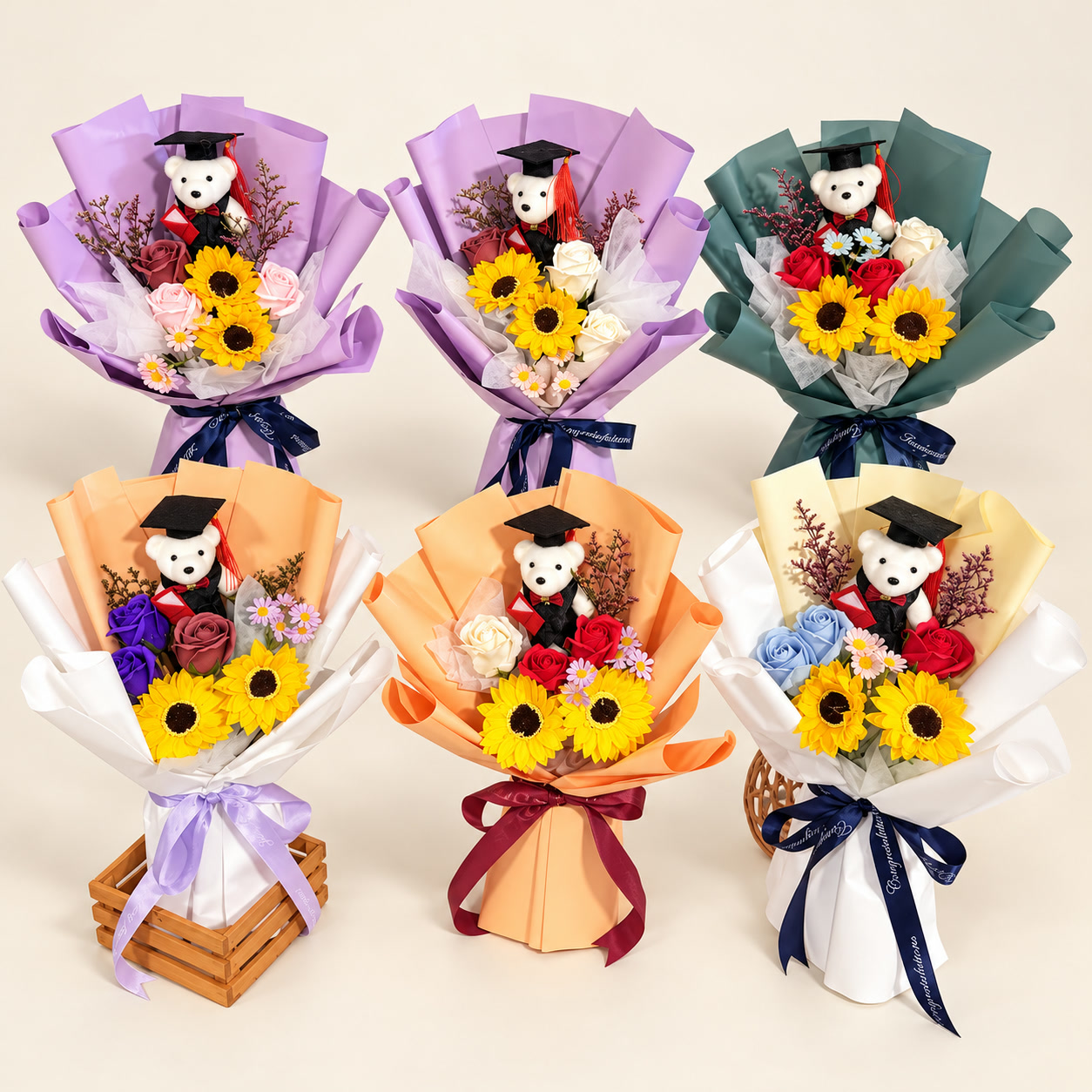 Six White Bear Graduation Bouquet Collection