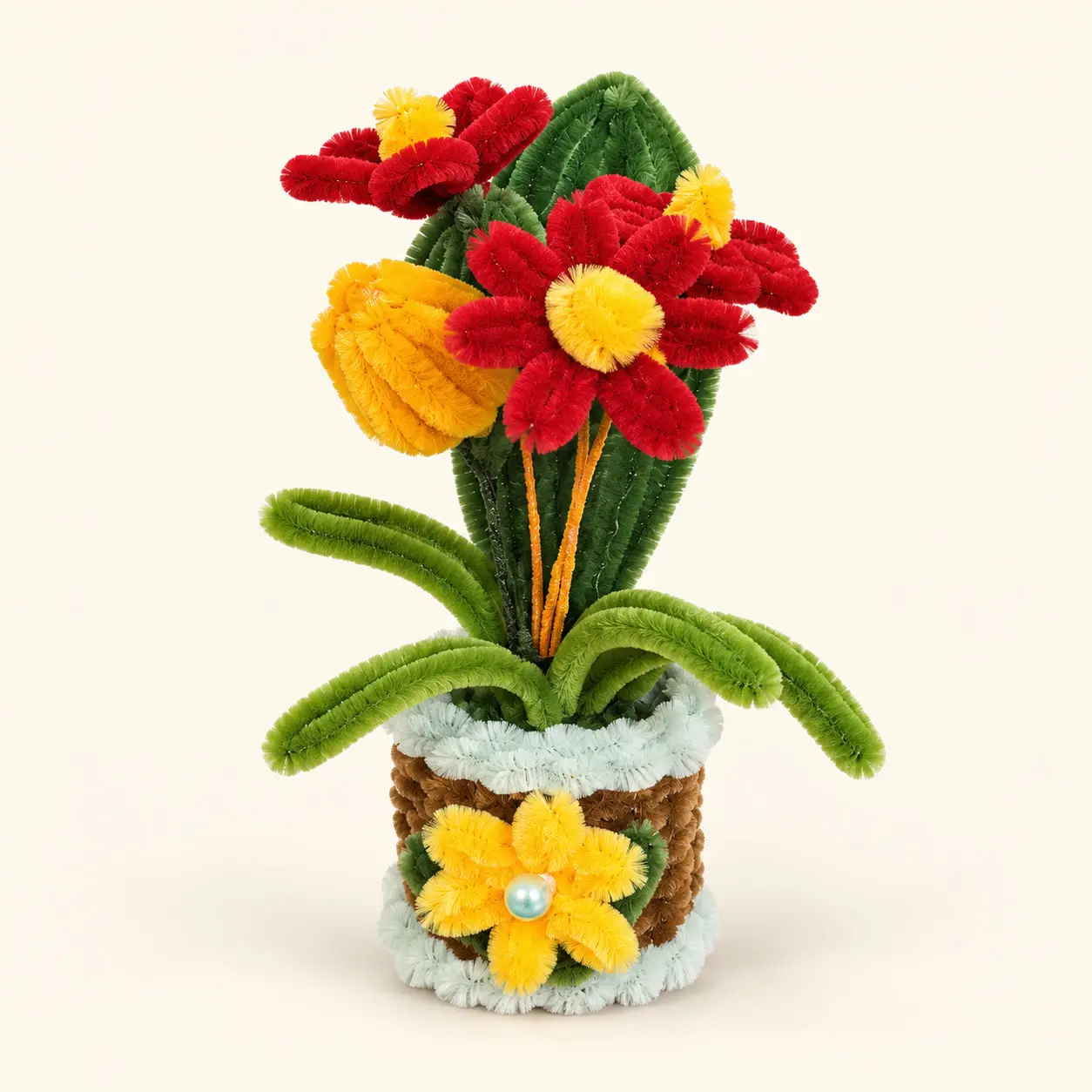 Red Daisy and Yellow Tulip Handcrafted Flower Pot
