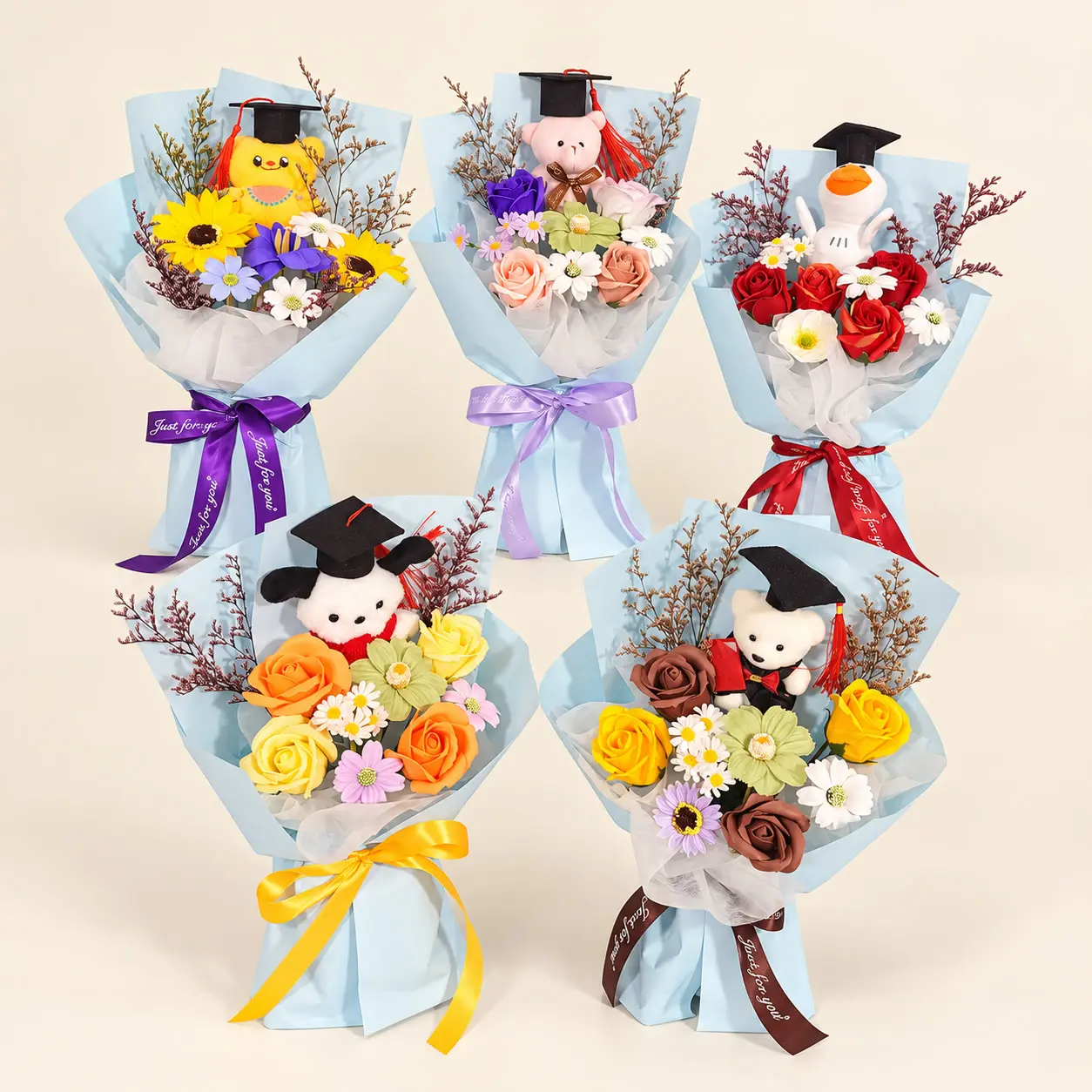 Five Blue Character Graduation Bouquet Collection