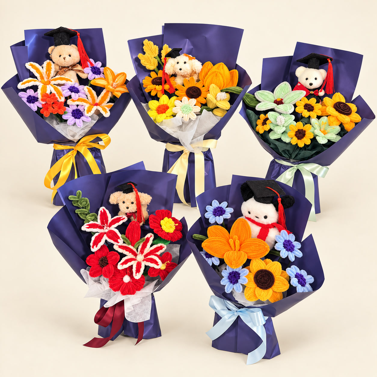 Five Navy Knitted Graduation Bouquet Collection