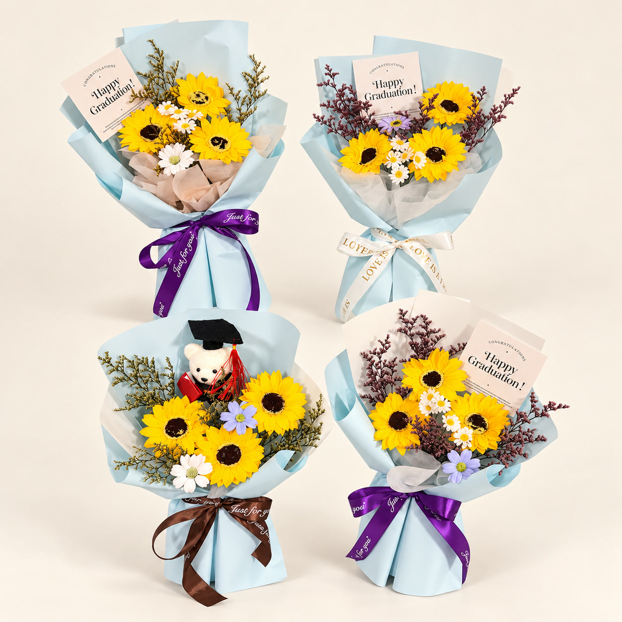 Four Blue Sunflower Graduation Bouquet Collection