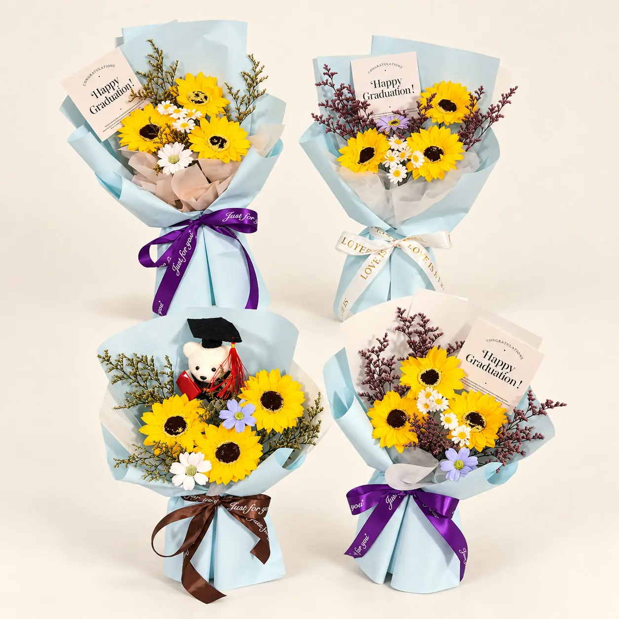 Four Blue Sunflower Graduation Bouquet Collection