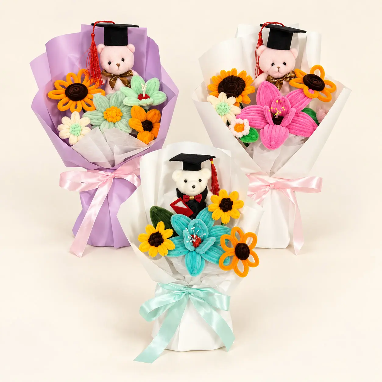 Pastel Lily and Sunflower Graduation Bear Bouquet Collection