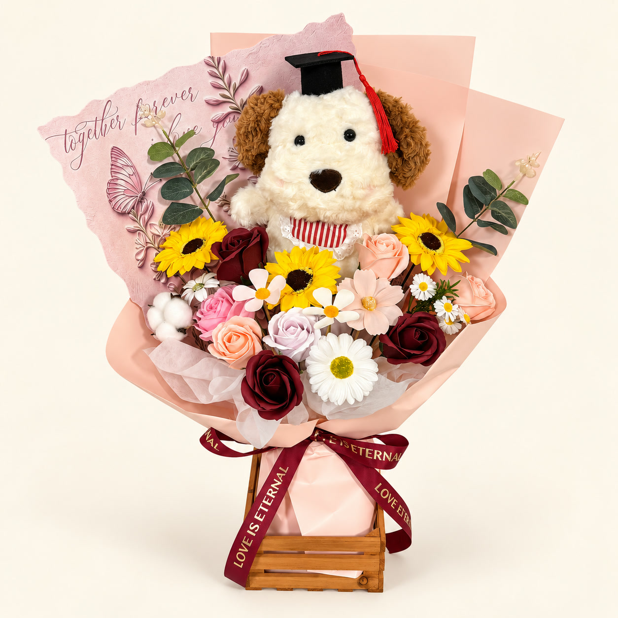 Brown Puppy Pink Graduation Bouquet