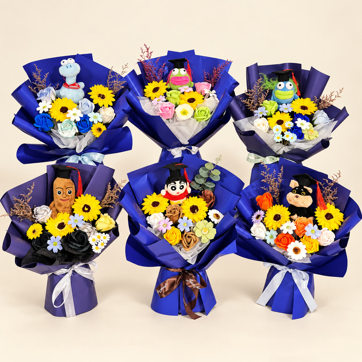 Six Blue Character Graduation Bouquet Collection