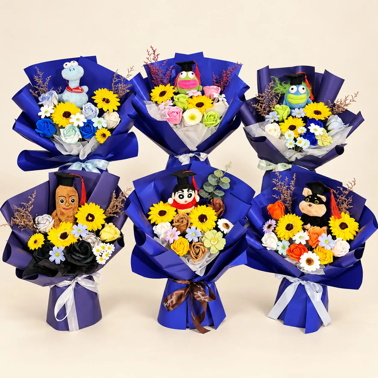 Six Blue Character Graduation Bouquet Collection