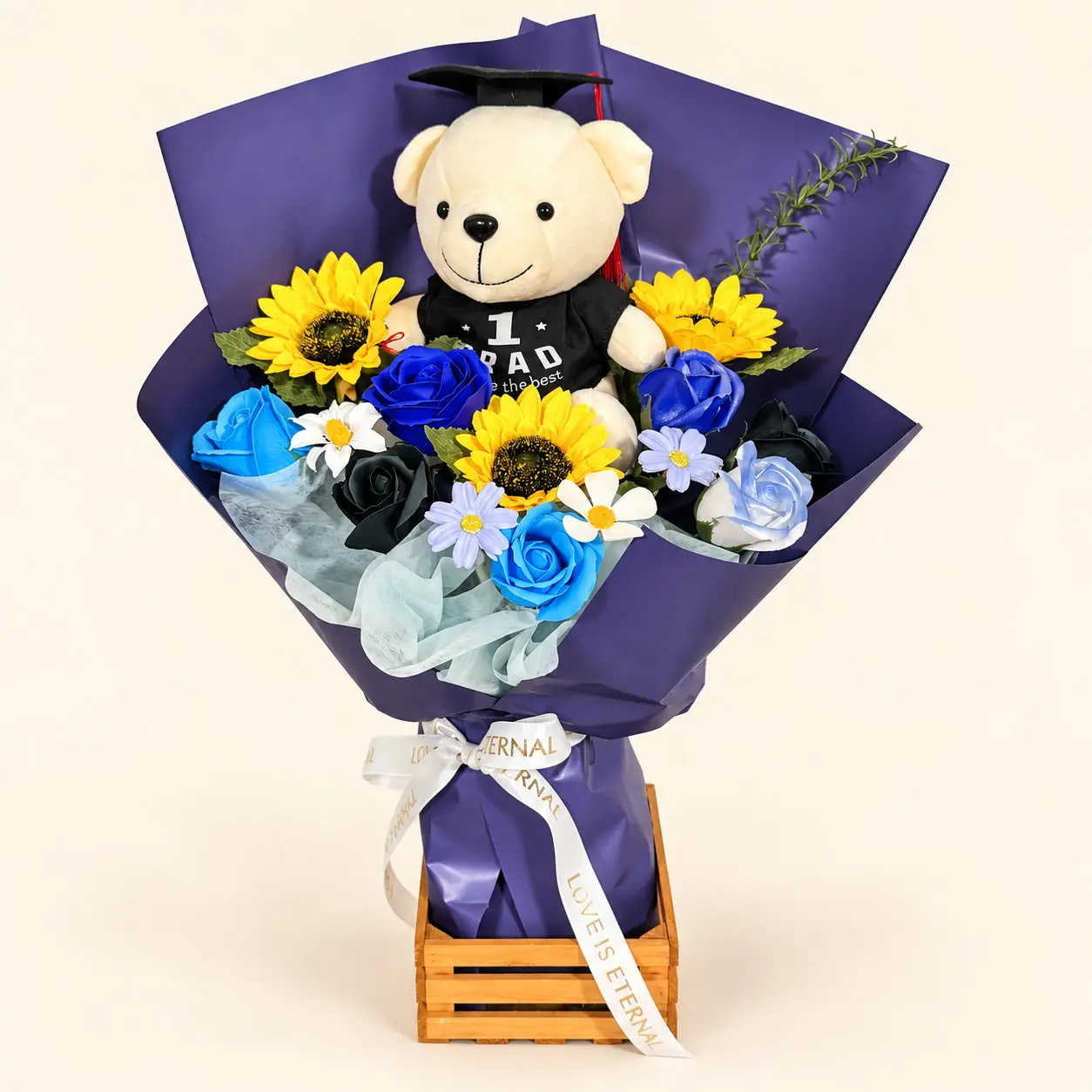 Cream Teddy Blue Sunflower Graduation Bouquet