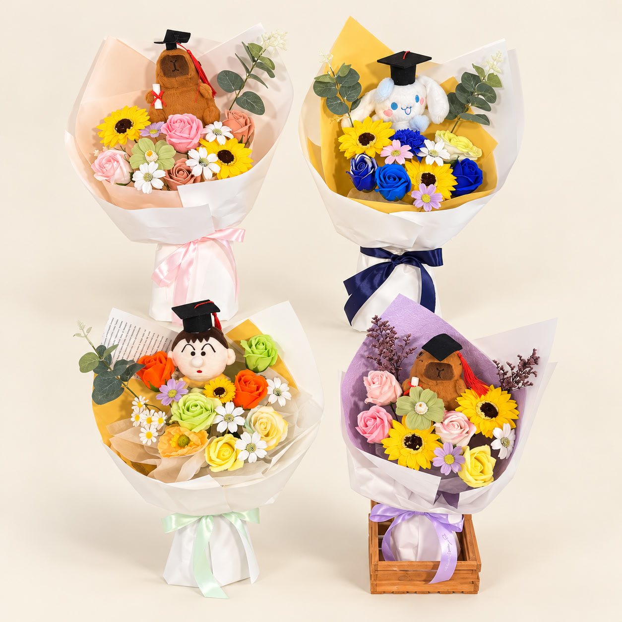 Four Capybara Dog Cartoon Graduation Bouquet Collection