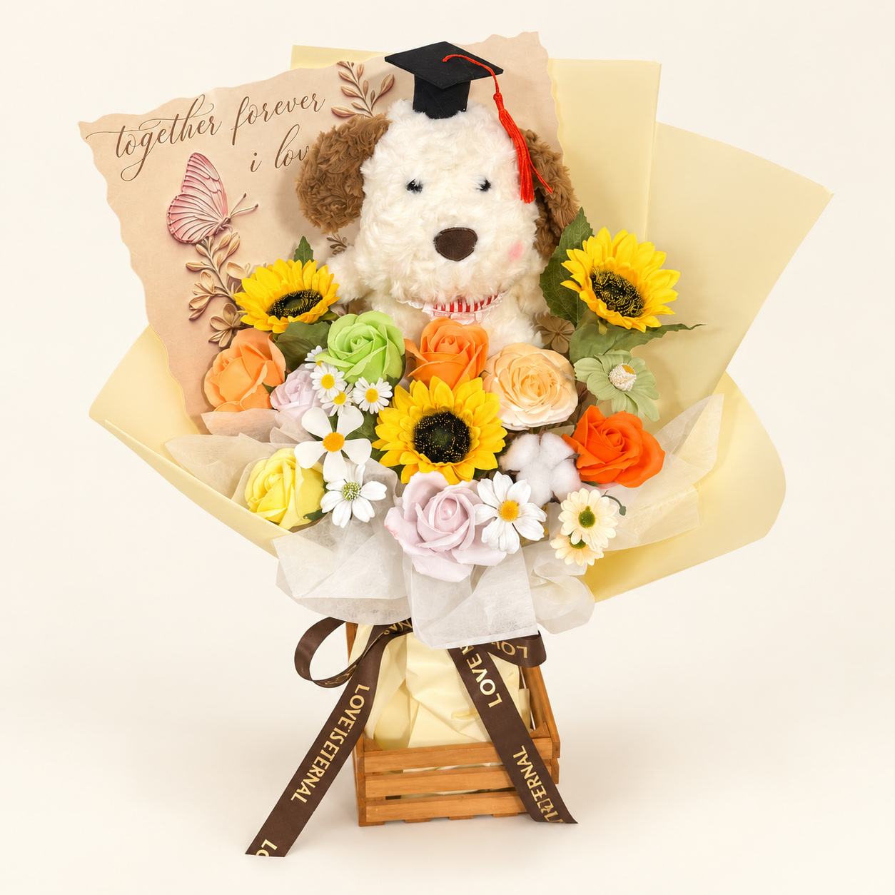 White Puppy Yellow Graduation Bouquet
