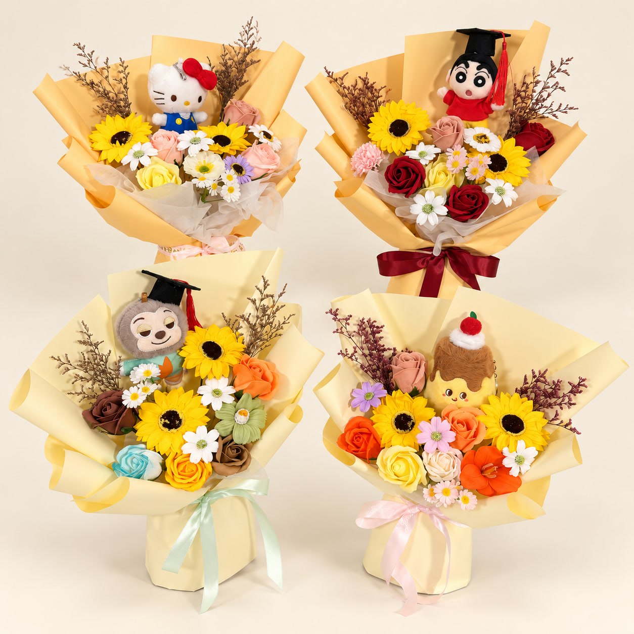 Four Yellow Character Graduation Bouquet Collection