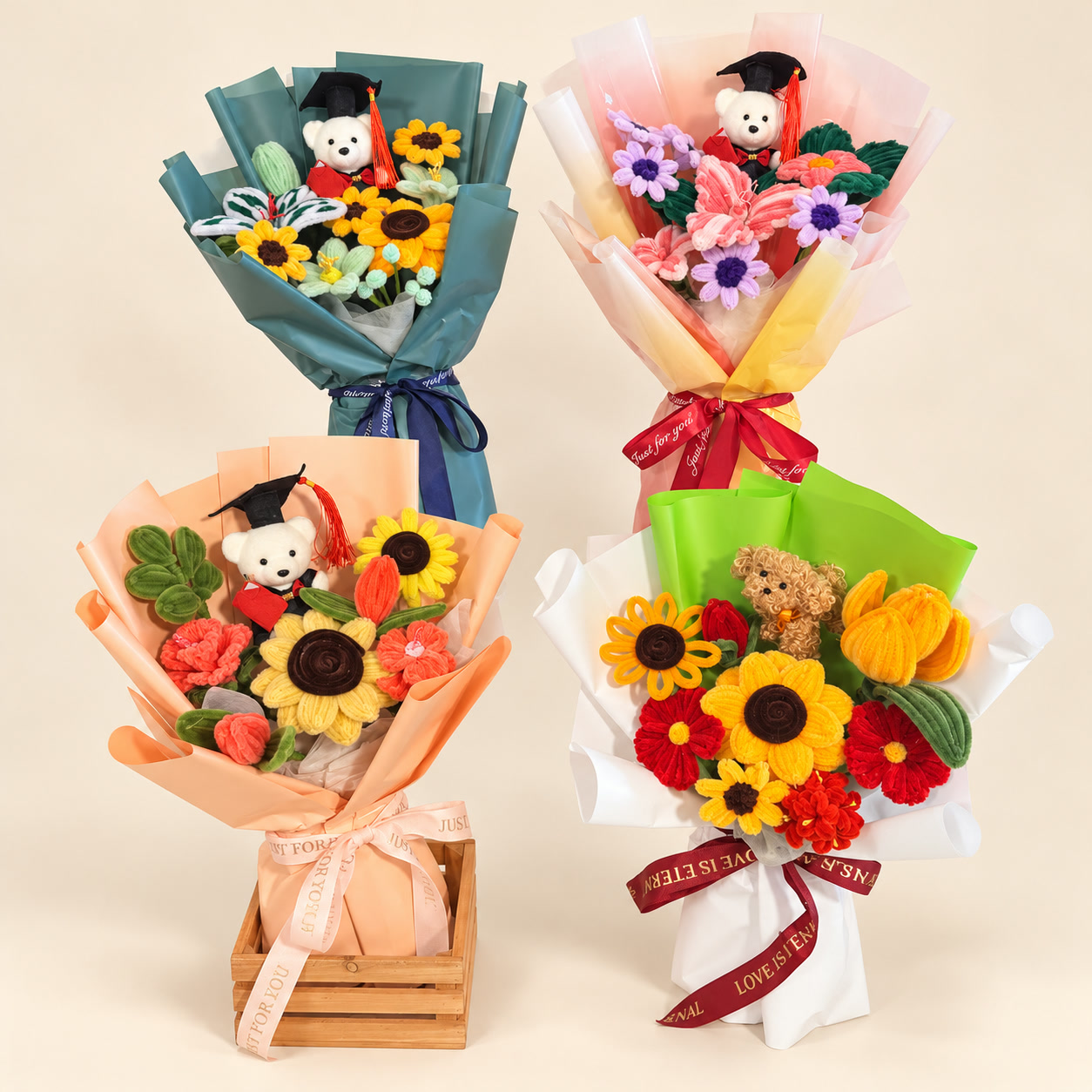 Four Colorful Knitted Graduation Bouquet Collection