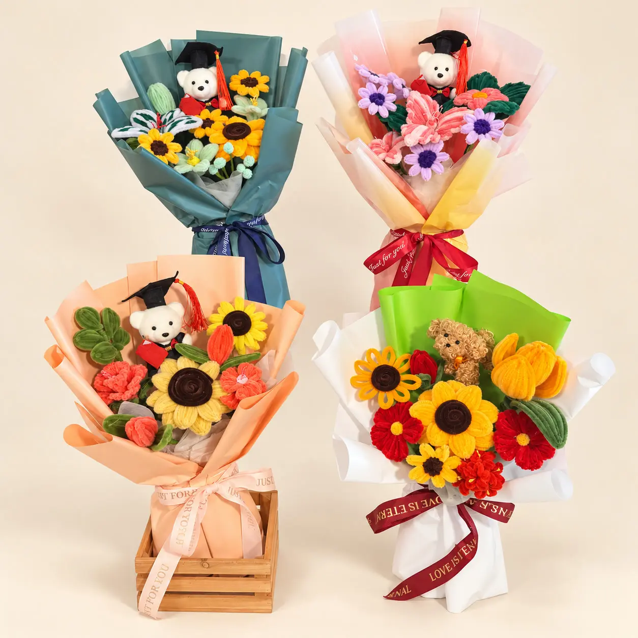 Four Colorful Knitted Graduation Bouquet Collection