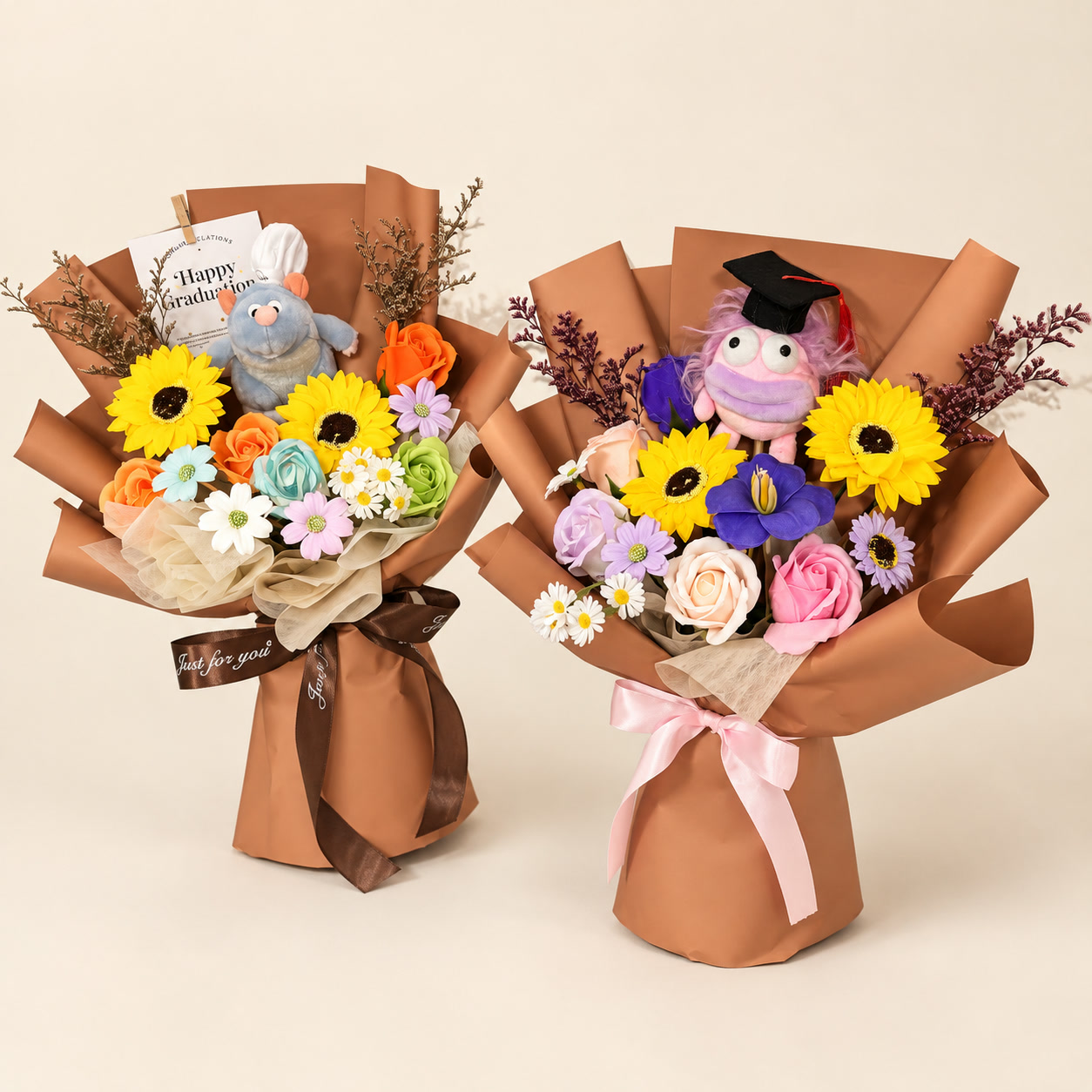 Two Brown Character Graduation Bouquet Collection