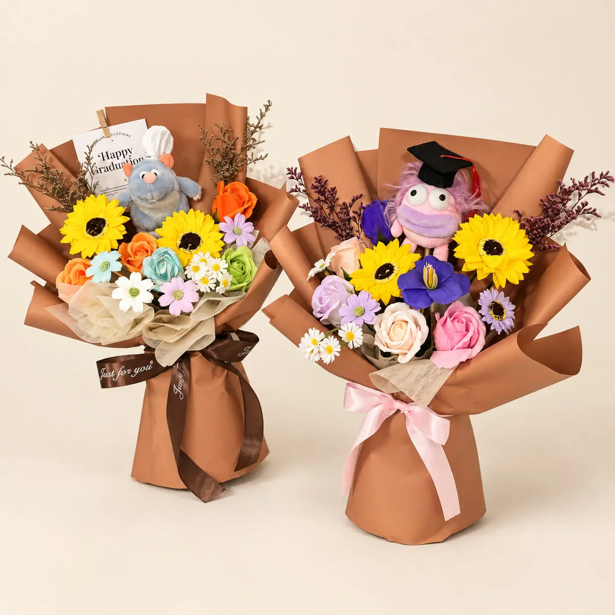 Two Brown Character Graduation Bouquet Collection