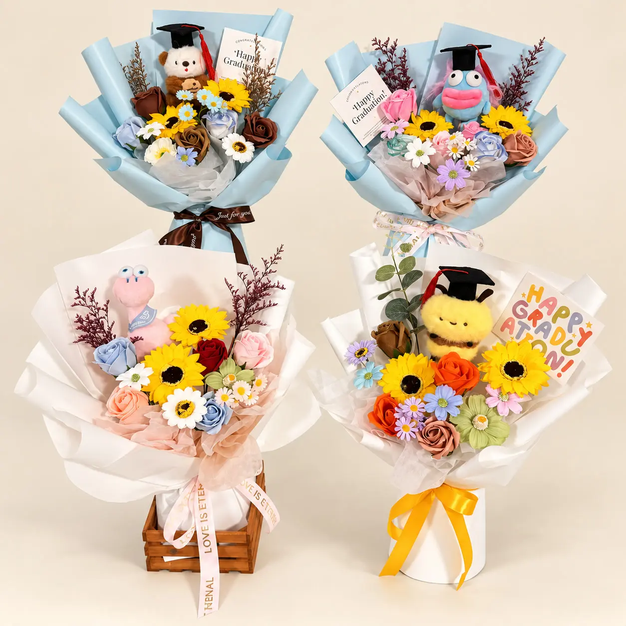 Four Pastel Character Graduation Bouquet Collection